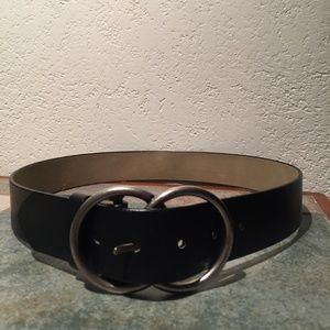 Black Vegan Leather Belt, Silver Buckle Detail